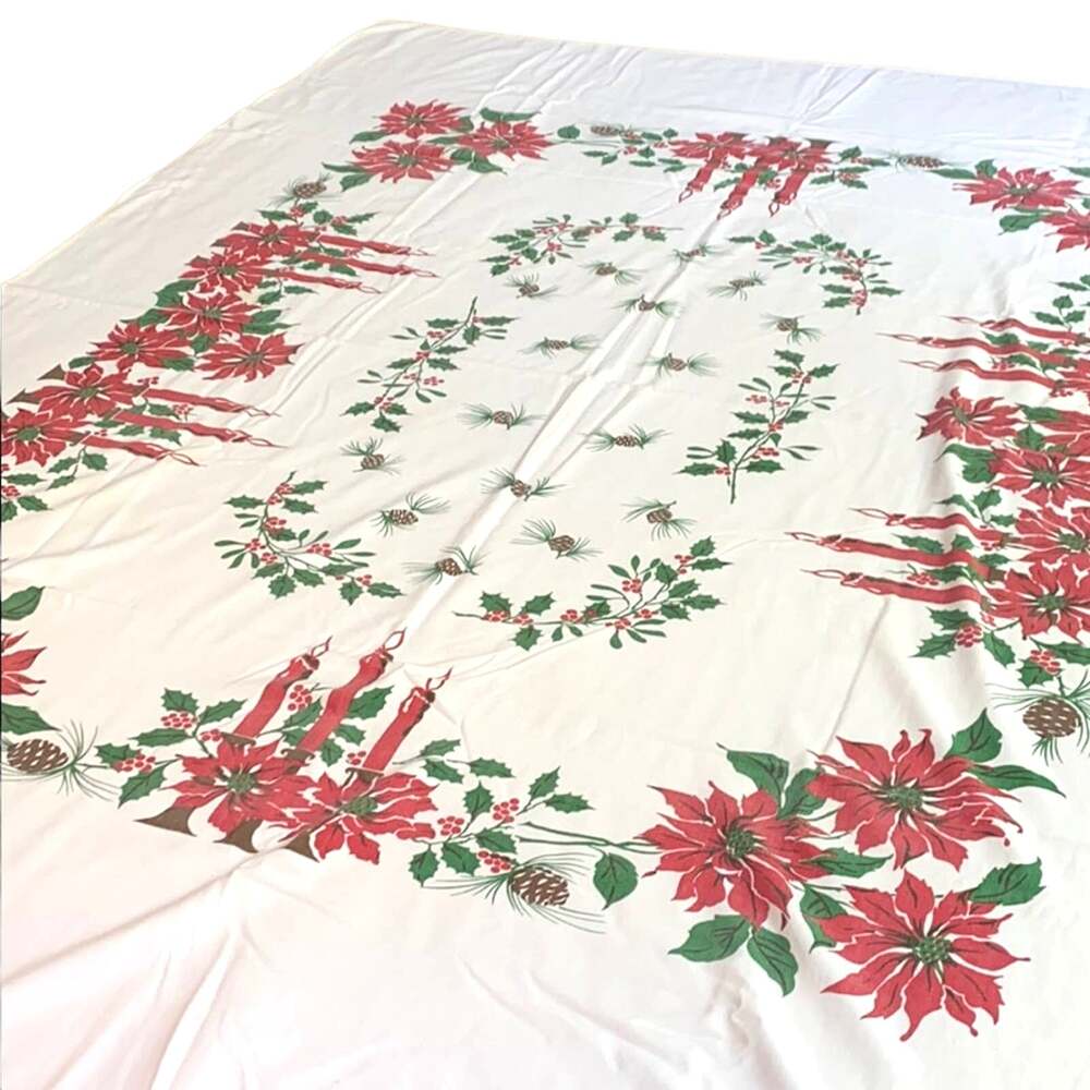 Vintage Christmas Tablecloth Printed Cotton 1960's Festive Red Green 58" x 76"